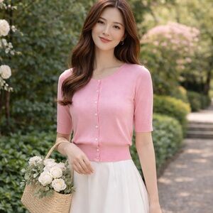 Loft Button-Up Cardigan Pink Short Sleeve Cotton Women’s L Cottagecore